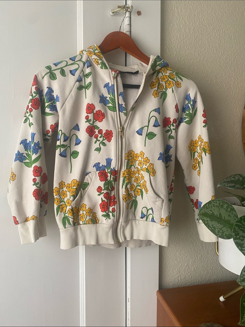 Mini Rodini Cream Hoodie with Red, Blue & Yellow Floral Print